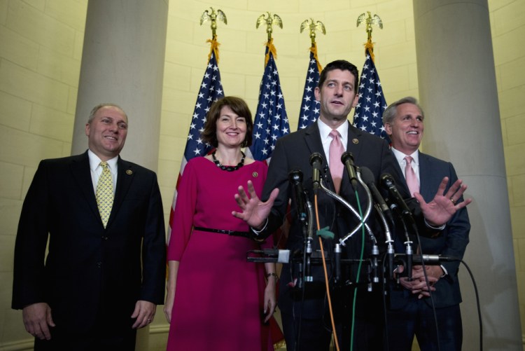 Rep. Paul Ryan, R-Wis., joined by, from left, House Majority Whip Steve Scalise of Louisiana, Rep. Cathy McMorris Rodgers, R-Wash., and House Majority Leader Kevin McCarthy of California, speaks to media on Capitol Hill in Washington on Wednesday after he was nominated to become the chamber’s next speaker.