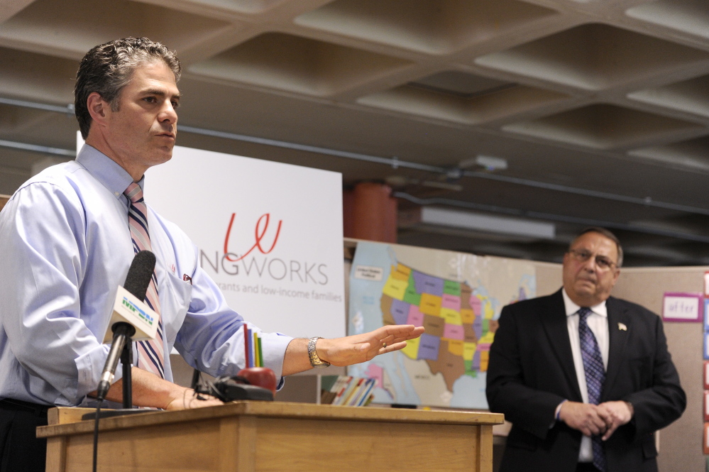 Ethan Strimling, CEO of LearningWorks, announces the allocation of federal money for education with Gov. Paul LePage last year in Portland. Mayor Michael Brennan's campaign has made statements tying Strimling to LePage.
Press Herald file photo/Logan Werlinger