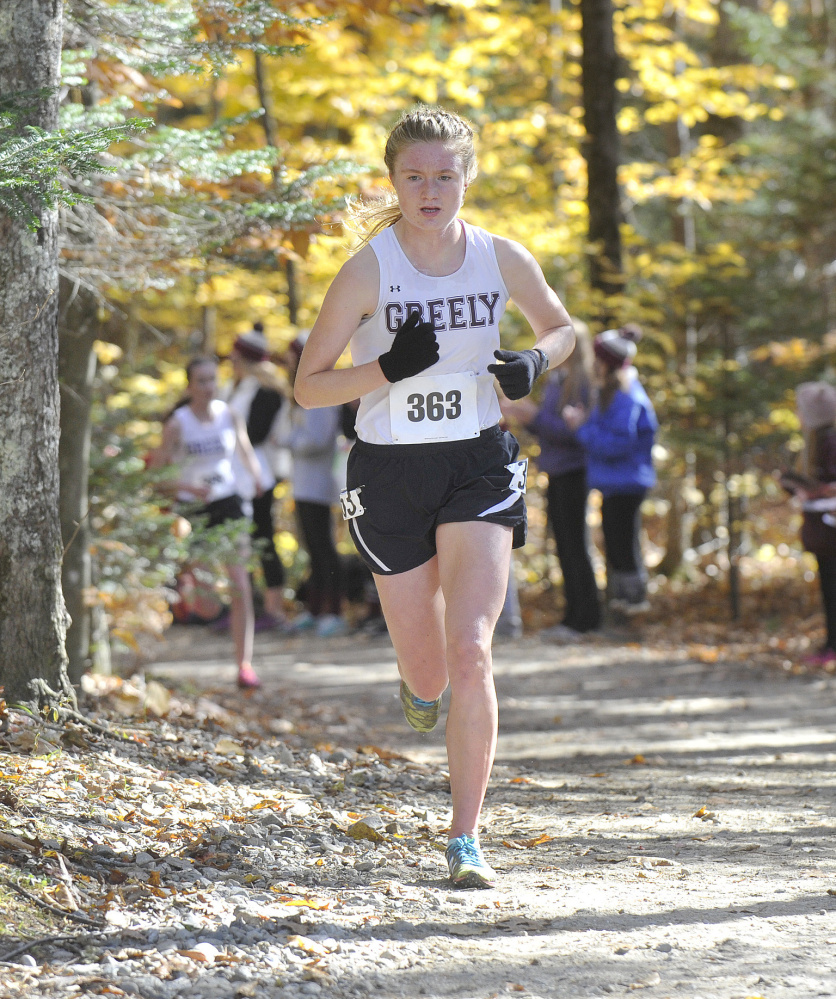 Katherine Leggat-Barr of Greely took the lead early, never gave it up and finished with the best girls’ time of the day, regardless of class – 19 minutes, 11 seconds for 5 kilometers.