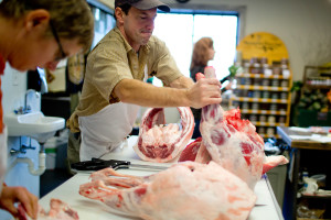 PORTLAND, ME - OCTOBER 27: Ben Slayton, co-owner of The Farm Stand in South Portland, breaks down a lamb with butcher Jen Huggins Tuesday, October 27, 2015. (Photo by Gabe Souza/Staff Photographer)