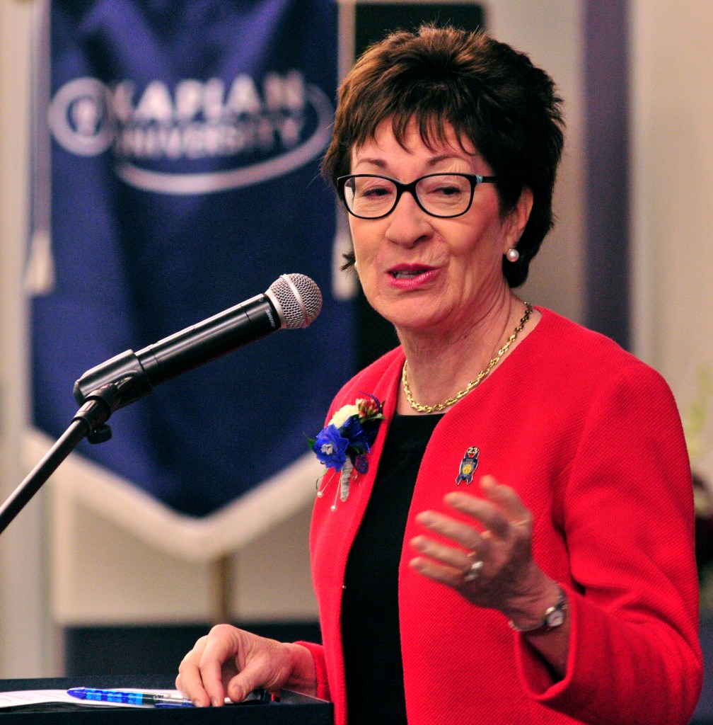 U.S. Sen. Susan Collins tells an audience at Kaplan University in Augusta that she hopes Congress will take action after a gunman killed nine in Oregon last week. She said the Mental Health Reform Act would help families deal with violent family members before a tragedy occurs. “It’s intended to improve access to mental health services,” she said.
Joe Phelan/ Kennebec Journal