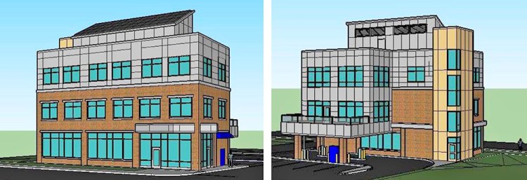An artist's rendering of the proposed Bangor Savings Bank building at 20 Marginal Way. At left is the side that would face Marginal Way. At right is the side that would face I-295.