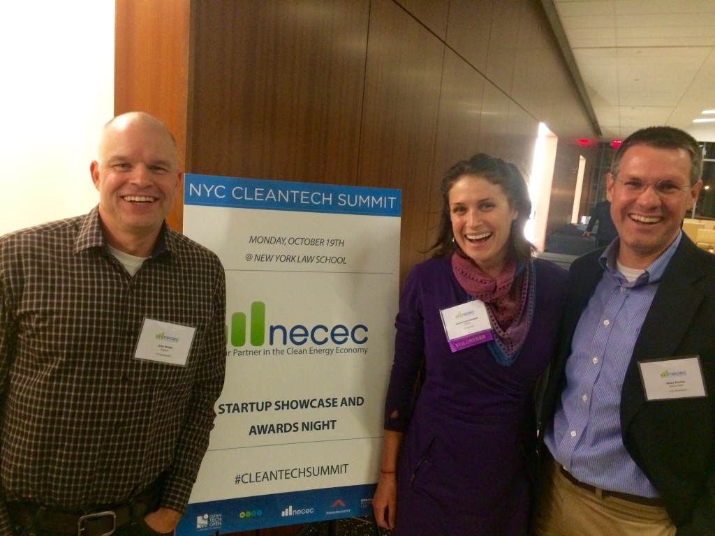 John Rooks of Rapport (left), Bonnie Frye Hemphill of E2Tech, and Steve Musica of Beltane Solar at the NYC Cleantech Summit.