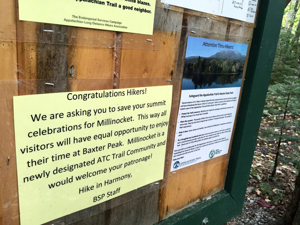 Baxter State Park rangers have taken to posting these notices at shelters for Appalachian Trail thru-hikers to discourage flamboyant celebrations on top of Mount Katahdin or elsewhere in the park.