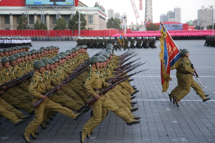 North Korean soldiers parade in Pyongyang, North Korea, Saturday. The Associated Press