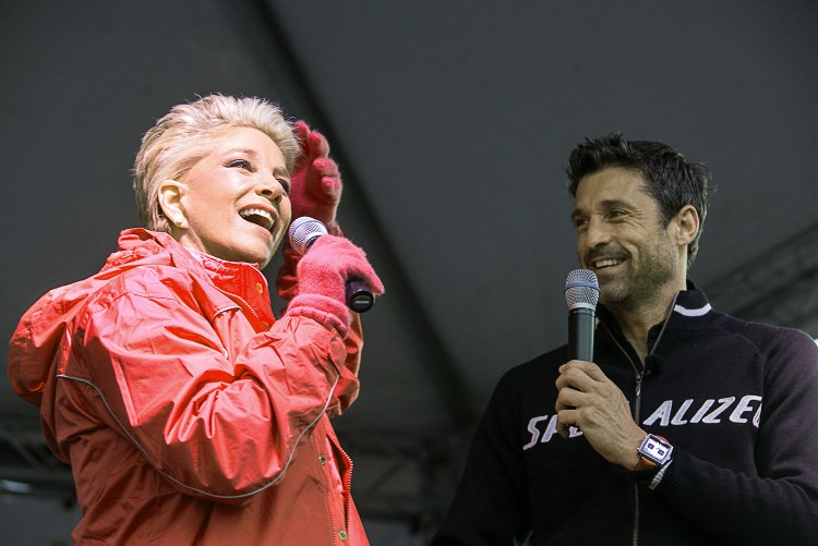 Joan Lunden shows off her new hair growth to Patrick Dempsey before the start of The Patrick Dempsey Center for Cancer Hope & Healing fundraiser on Saturday in Lewiston.  The Associated Press/ Andree Kehn /The Lewiston Sun-Journal