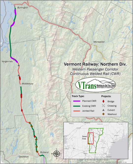 A map of the rail line between Rutland and Burlington, Vermont that will receive upgrades thanks to a $10 million federal grant announced on Thursday, Oct. 29, 2015.