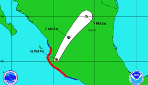 This National Weather Service map shows the projected path of Hurricane Patricia as of 11 p.m. Friday.