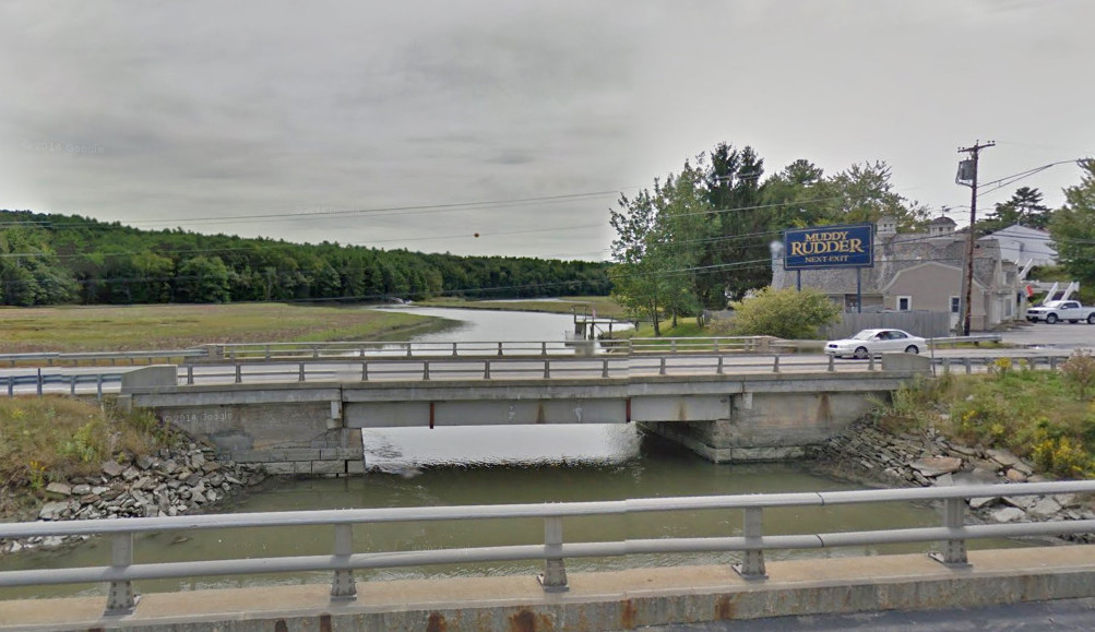 The Route 1 bridge over the Cousins River between Yarmouth and Freeport is  identified by the TRIP report as structurally deficient. The bridge is viewed from I-295 in this  Google maps composite image.