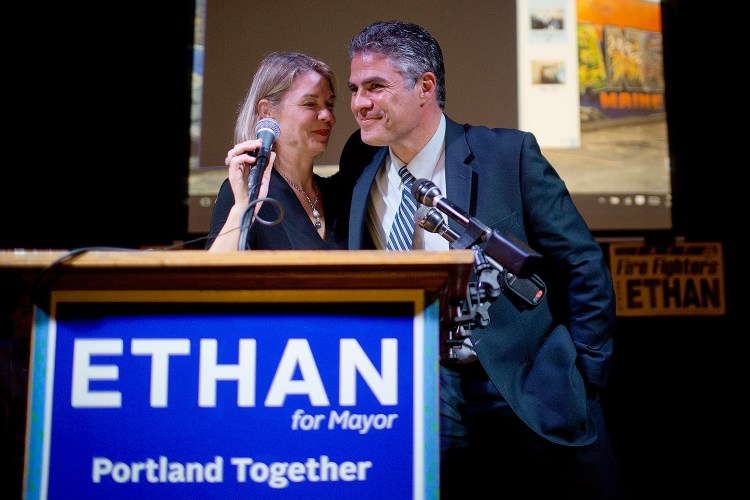 Ethan Strimling shares a moment with his campaign manager Stephanie Clifford after he won the Portland mayoral race on November 3, 2015. Strimling's campaign slogan was "Portland Together" – but one year later, many of his colleagues on the Council are complaining of strained relationships. 