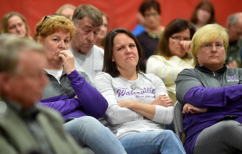 People show their frustration Wednesday at George J. Mitchell School in Waterville during an open hearing about an allegation that Waterville Senior High School Principal Don Reiter asked a student for sex.