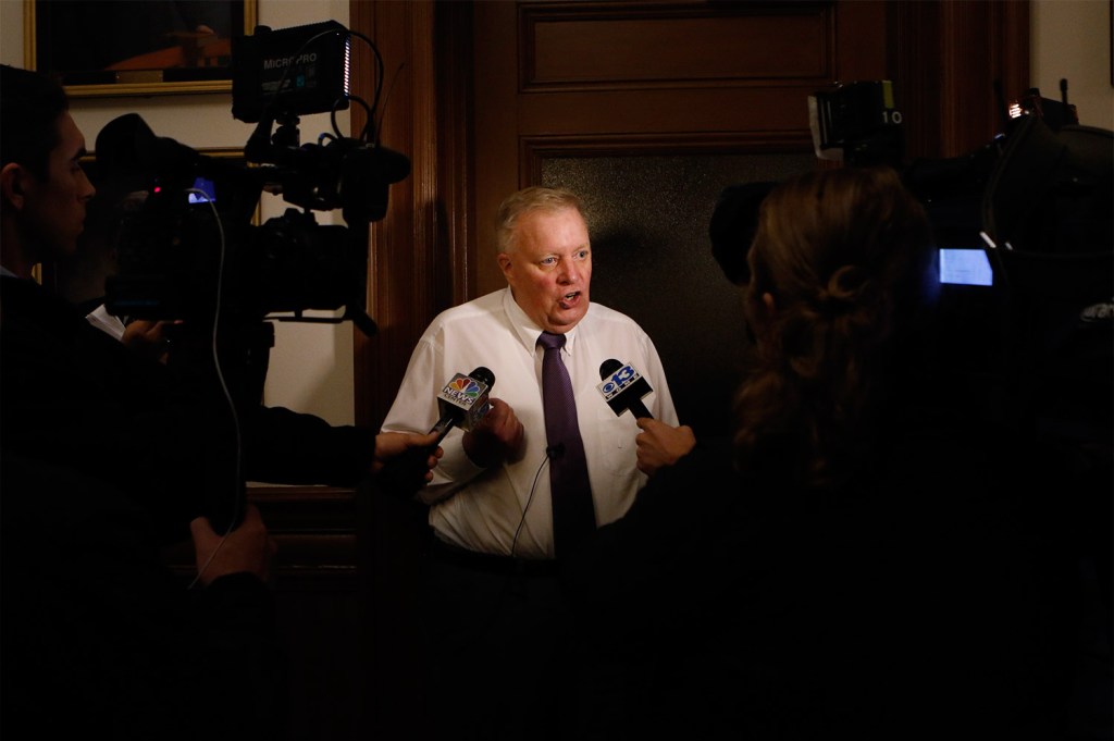 Lewiston Mayor Robert Macdonald speaks with the media Tuesday night after results in the city's mayoral race showed that a runoff election will be needed.