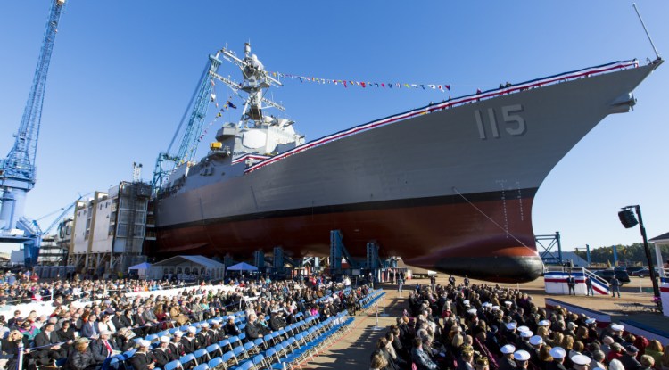 The USS Rafael Peralta, the 65th Arleigh Burke-class destroyer, is christened at Bath Iron Works in this October 2015 photo.  The Arleigh Burke class has been the backbone of the Navy for decades and the next one will carry the name of former Sen. Carl Levin of Michigan.
