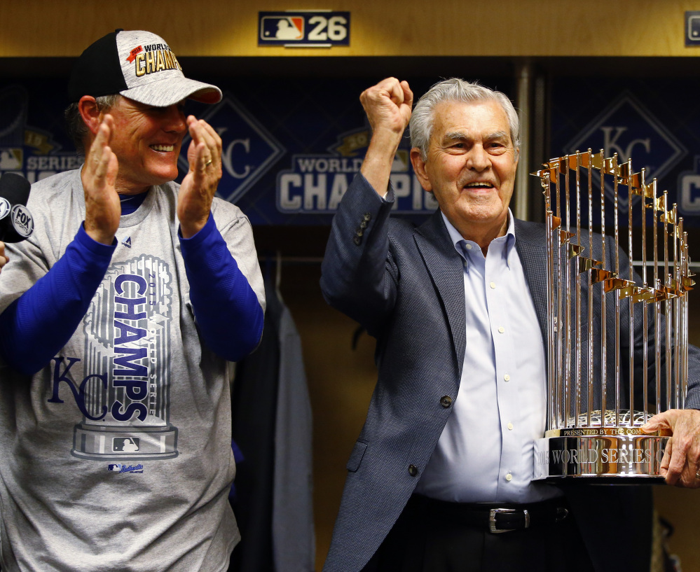 Royals owner David Glass and Manager Ned Yost celebrate after Kansas City ended many years of futility with their first World Series title since 1985.