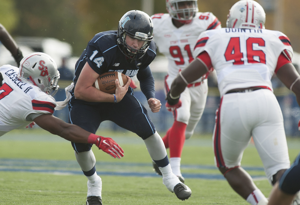 UMaine quarterback Drew Belcher has rushed 44 times in two weeks. He rushed for 97 yards in Maine’s 13-3 loss to Villanova on Saturday.