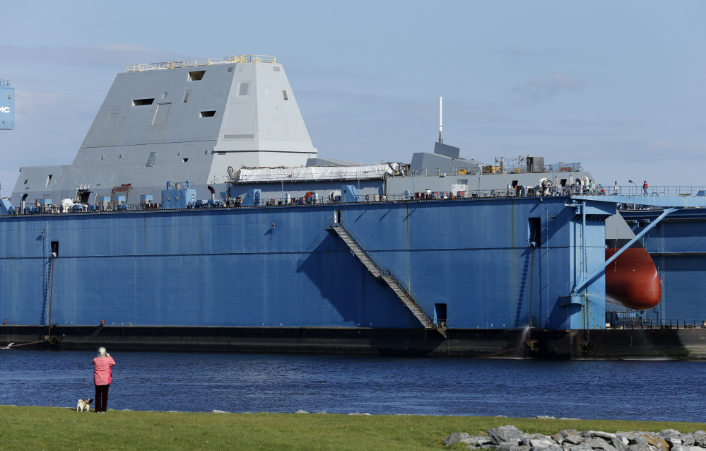 The Zumwalt, the largest U.S. Navy destroyer ever built, is seen in dry dock in 2013 in Bath. The last of three stealth destroyers being built at Bath Iron Works, the USS Lyndon B. Johnson, is now in the water at BIW.