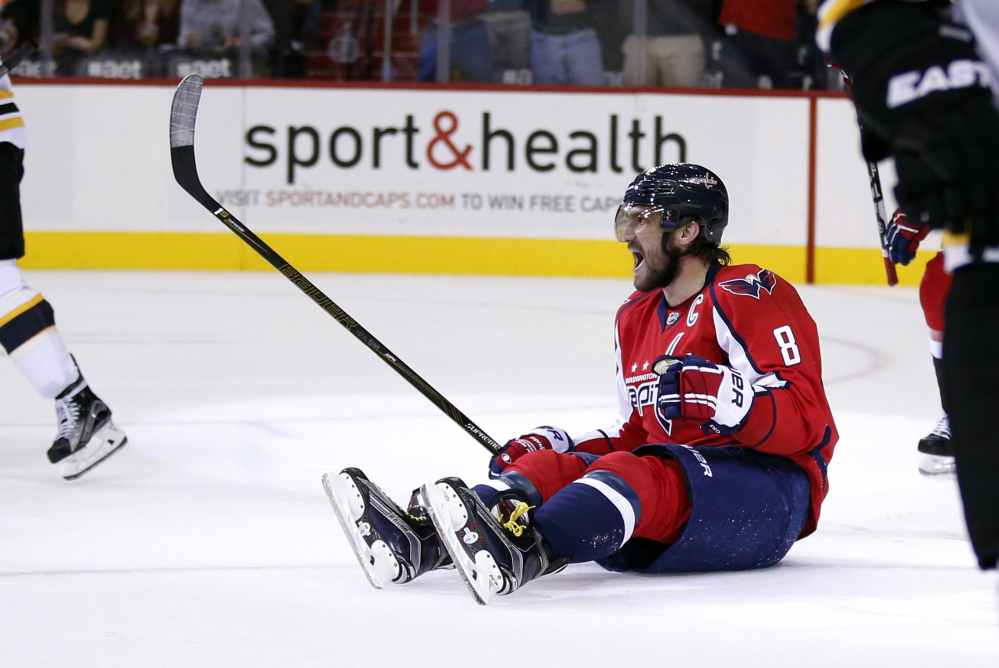 Capitals left wing Alex Ovechkin celebrates his goal in the first period of Thursday’s game against the Boston Bruins in Washington. (AP Photo/Alex Brandon)