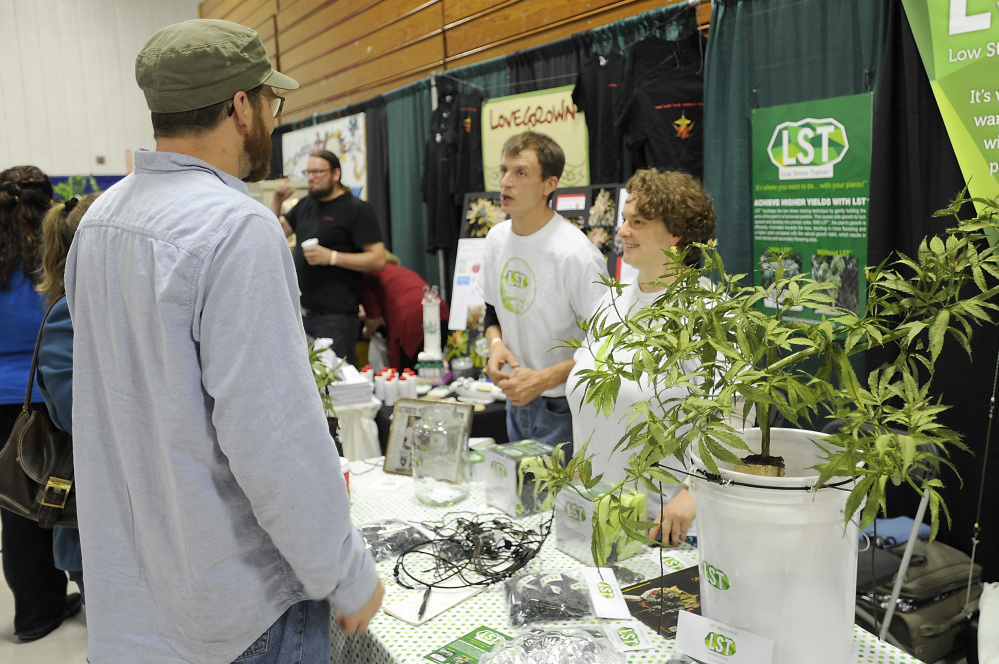 Joe Piskala and Julie Shaw, owners of Low Stress Training Products, right, discuss their product that helps with pruning the marijuana plant, with Maci and Michael Libby of Windham, caretakers and growers for the past six years, at the Portland Cannabis Convention. Gordon Chibroski/Staff Photographer