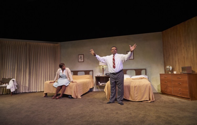 Harvy Blanks as Dr. Martin Luther King, Jr. and Kim Staunton as Camae, a hotel maid, in Portland Stage’s “The Mountaintop.”