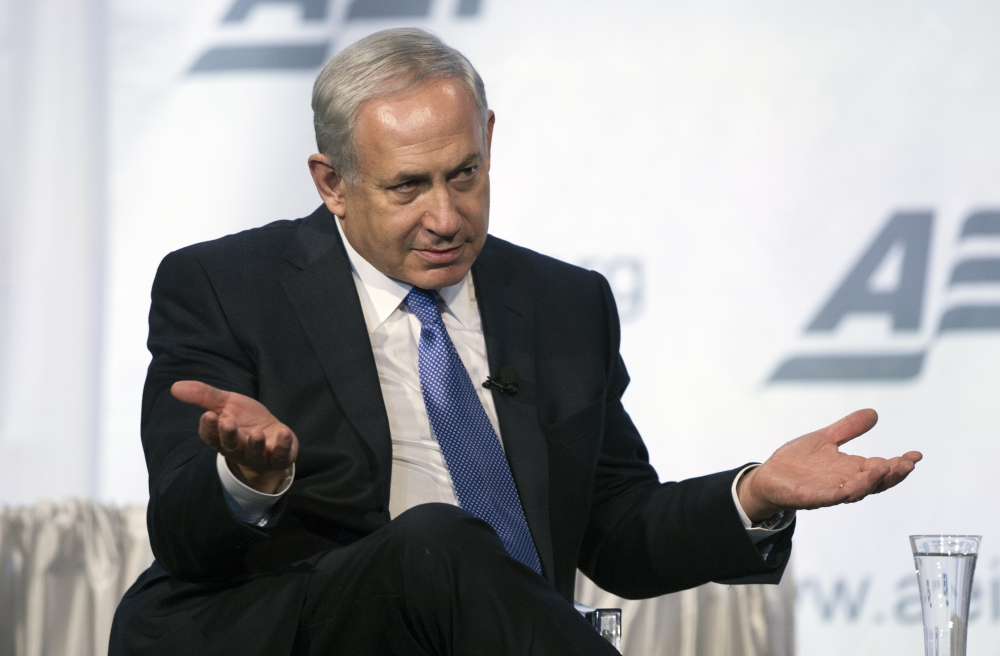 Israeli Prime Minister Benjamin Netanyahu speaks at an American Enterprise Institute dinner in Washington on Monday, where he was given the 2015 Irving Kristol Award.