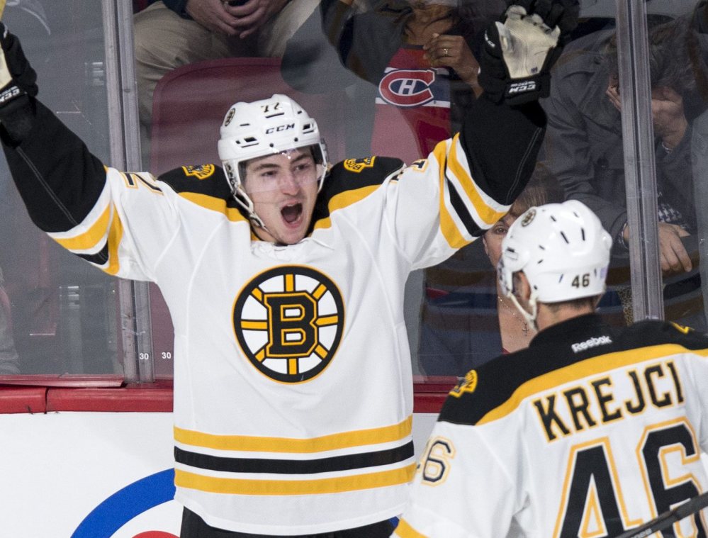 Frank Vatrano celebrates his goal at Montreal on Saturday. The recent call-up has impressed Bruins Coach Claude Julien in two games and may stick with the NHL team.