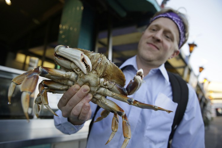 Michael Bair, of Lexington, Kentucky, holds an imported Dungeness crab from the Northwest at Fisherman’s Wharf in San Francisco. 