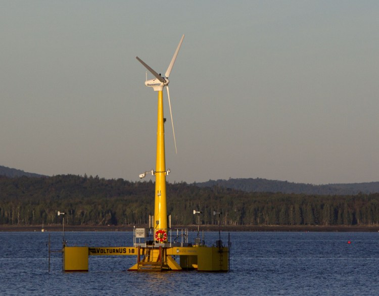 The prototype Volturn US generates power off Castine in 2013. The prototype is a one-eighth-scale model of the floating turbines to be used in a full-scale 12-megawatt wind farm planned for deep water off Monhegan Island.