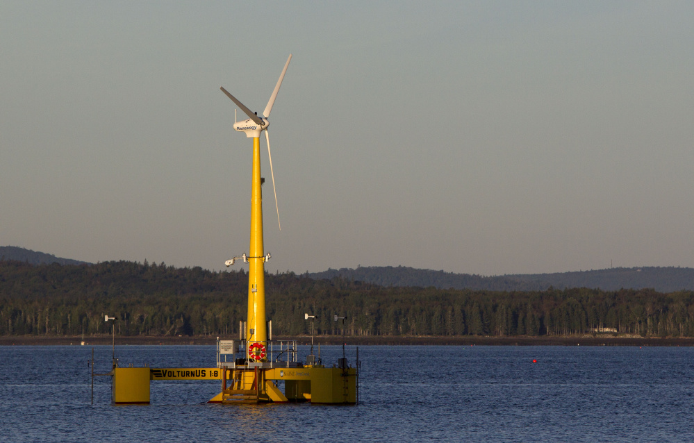 The prototype Volturn US generates power off the coast of Castine. The prototype is a one-eighth-scale model of the floating turbines to be used in a full-scale pilot wind farm planned for deep water off Monhegan Island.
