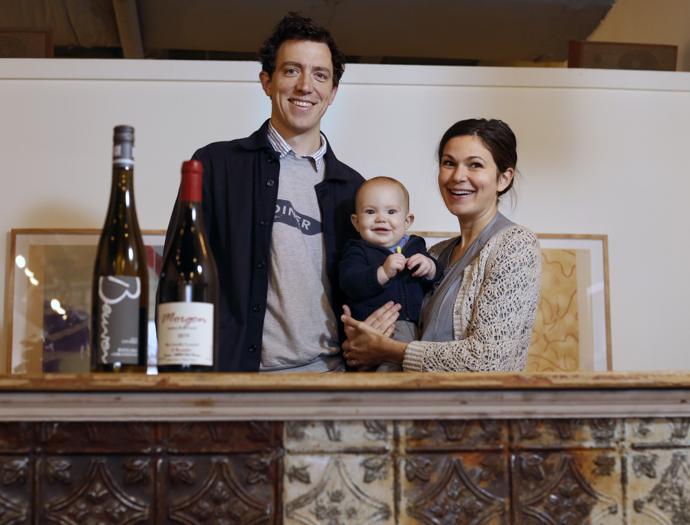 Maine & Loire owners Peter and Orenda Hale, with their 8-month-old son Luca, recommend Georges Descombes Beaujolais Morgon 2014 and Jochen Beurer Riesling Kieselsandstein 2013 to accompany Thanksgiving dinner.