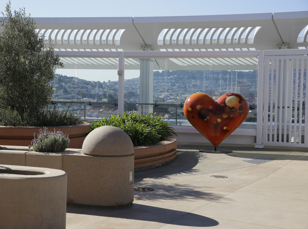 A “Public Heart” sculpture stands on the rooftop meditation garden of Zuckerberg San Francisco General Hospital, which will be dedicated this weekend.