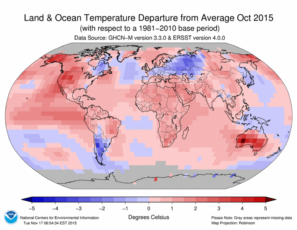 Even for a record breaking hot year for Earth, October stood out as absurdly warm, as shown in a graphic provided by the National Oceanic and Atmosphere Administration.