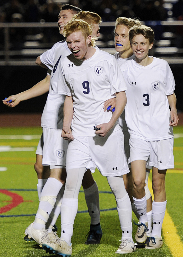 Andrew Beatty made an important defensive play during Yarmouth’s 3-0 win over Erskine for the Class B state championship in boys’ soccer on Nov. 7.