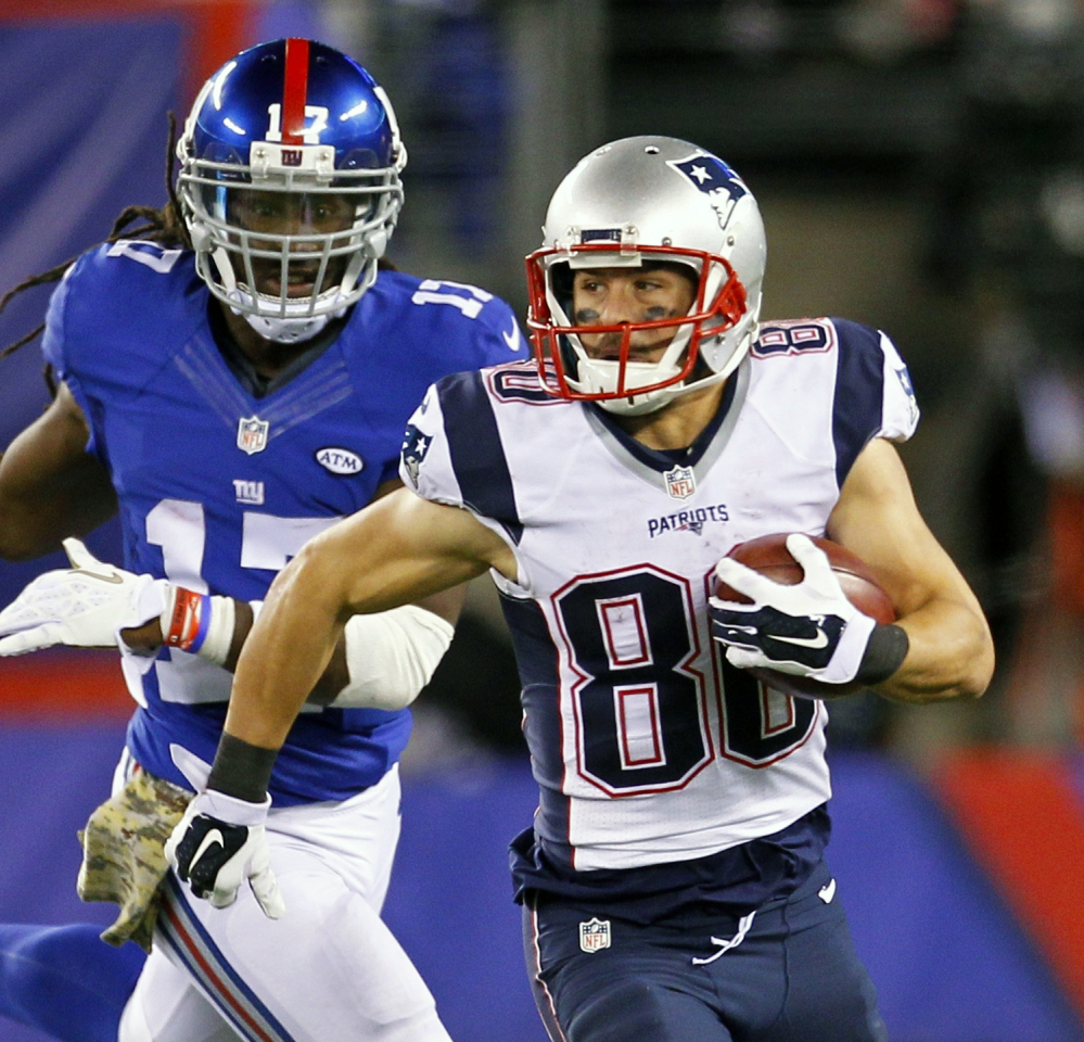Patriots wide receiver Danny Amendola, right, caught 10 passes for 79 yards Sunday to help New England beat the Giants 27-26 and remain unbeaten. New England lost slot receiver Julian Edelman to a broken foot in that game, and Amendola is the most likely candidate to fill Edelman’s role.