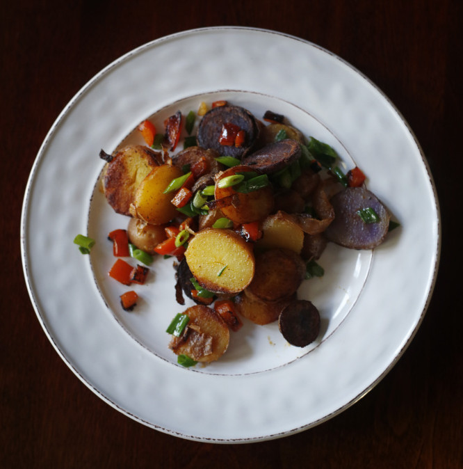 Local fingerling potatoes three ways: Sliced and pan-fried with green onions ...