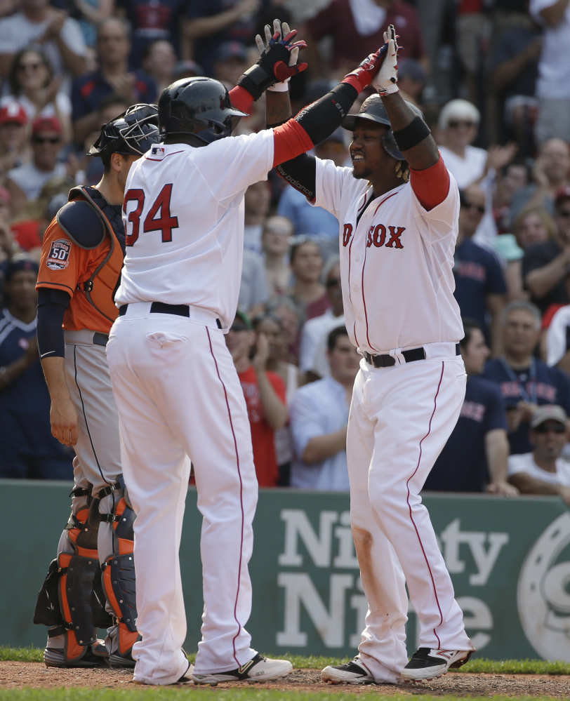 After David Ortiz, left, retires from the Boston Red Sox following the 2016 season, Hanley Ramirez, right, figures to slip into his slot as the full-time designated hitter. That, of course, would open up a spot at first base and more money for the team to invest in a free agent.