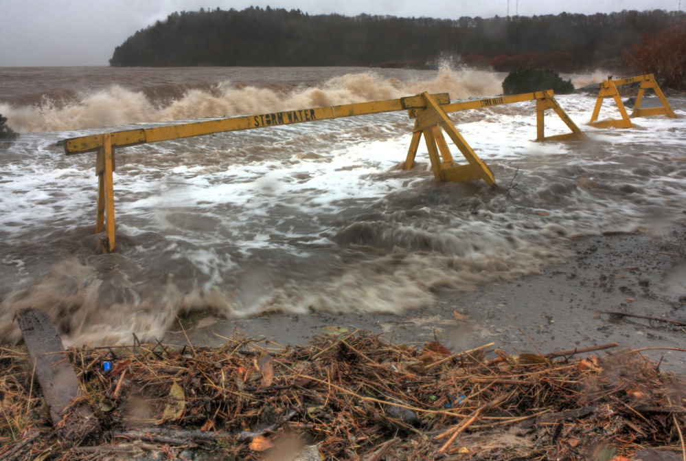 In a winning image from the 2015 Gulf of Maine King Tides Photo Contest, a high tide crosses into the parking lot at McLaren’s Beach in Saint John, New Brunswick, Canada.