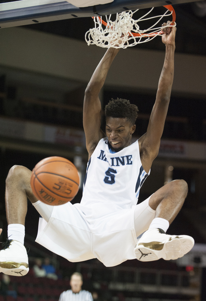 UMaine’s Devine Eke goes up for a dunk in Wednesday’s win against Longwood at the Cross Insurance Center in Bangor.