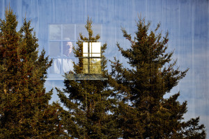 This image of photographer Jeffrey Becton at his studio in Deer Isle was created by exposing the camera’s sensor to two separate images, one of the trees outside the studio, as well as the other of him in the window of the studio. Becton often digitally layers his own work.