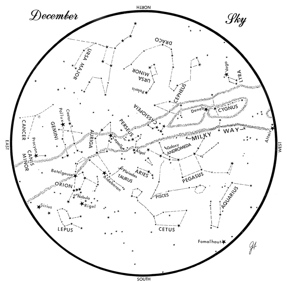 SKY GUIDE: This chart represents the sky as it appears over Maine in December. The stars are shown as they appear at 9:30 p.m. early in the month, at 8:30 p.m. at midmonth and 7:30 p.m. at month’s end. To use the map, hold it vertically and turn it so that the direction you are facing is at the bottom.