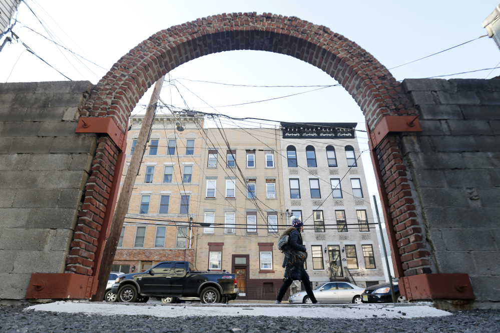 An arch is seen at the spot of singer Frank Sinatra’s childhood home in Hoboken, N.J. The house burned down in the 1950s. Sinatra would have celebrated his 100th birthday on Dec. 12.