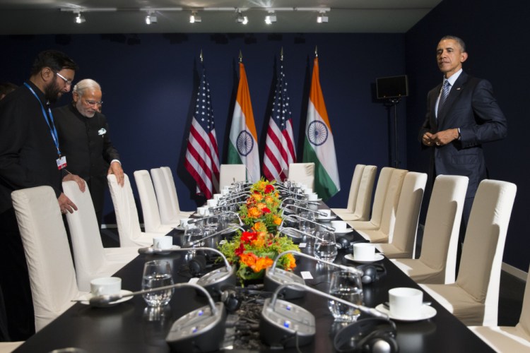 President Obama meets with Indian Prime Minister Narendra Modi, second left, during the COP21, United Nations Climate Change Conference, in Le Bourget, outside Paris, on Monday.
