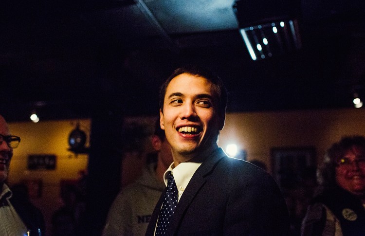 Lewiston mayoral candidate Ben Chin reacts to applause at an event in 2015.