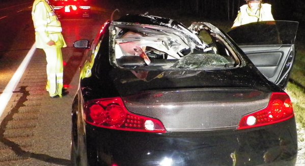A Maine State Police photo shows the damage to the car that hit and killed a moose Wednesday night on the Maine Turnpike in Gray.