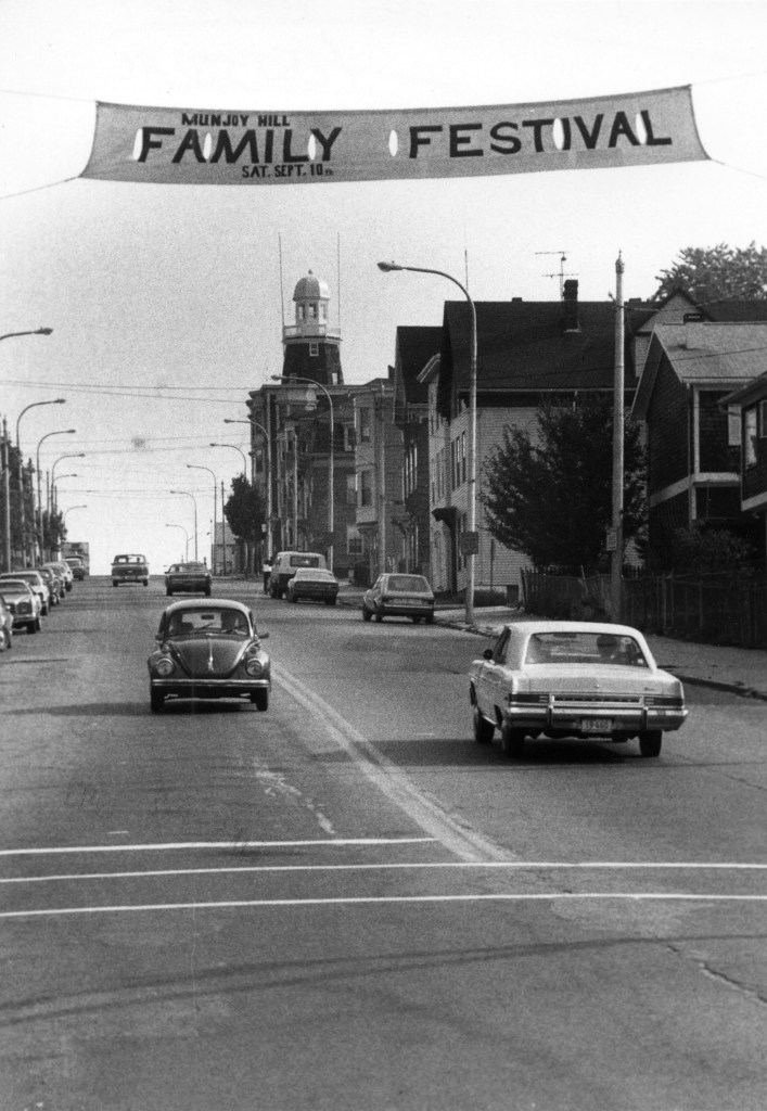 The view of Munjoy Hill looking up Congress Street toward the Portland Observatory, September, 1983.