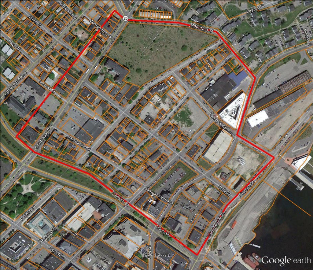 The India Street neighborhood is generally bounded by Congress, Mountfort, Commerial and Franklin streets. Map created by Sustainable Southern Maine