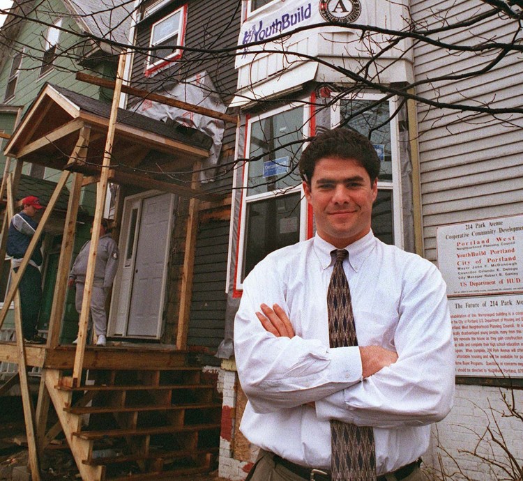 Ethan Strimling, Executive director of Portland West (today known as LearningWorks) stands in front of a Youth Build project site at 214 Park Ave. in Portland on Friday, April 17, 1998.