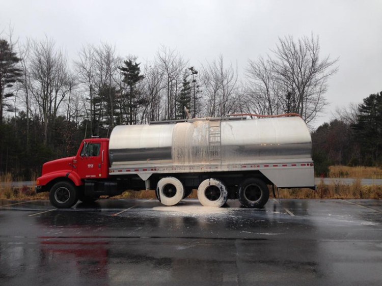 A milk truck parked overnight at Yarmouth's Exit 15 Park and Ride. The tank was overfilled, causing what seemed to be a suspicious liquid to overflow.