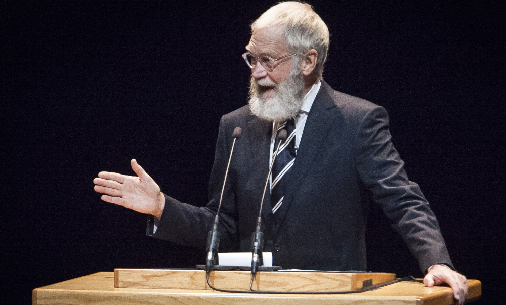 Now sporting a bushy beard, retired late-night talk host David Letterman speaks Monday at Ball State University, the Indiana school where he got his degree in 1969.