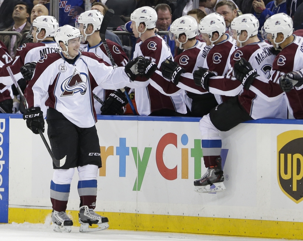 Colorado Avalanche center Matt Duchene celebrates with teammates after scoring what proved to be the winning goal in a 2-1 victory over the slumping New York Rangers at Madison Square Garden Thursday night.