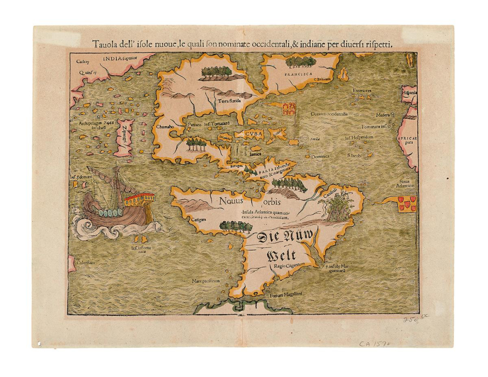 This photo provided courtesy of Swann Auction Galleries shows a German map produced in the mid-16th century that is among the historic maps and atlases for sale Tuesday at Swann’s Auction Galleries in New York City. Experts say the map is considered the earliest to depict all of America and to name the Pacific Ocean, labeled on the map in its Latin name: “Mare pacificum.”